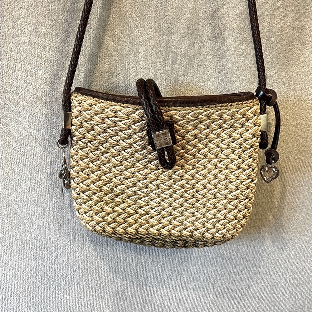 Brighton Raffia Crossbody Bag Leather Straps Silver Accents Magnet Close Coastal